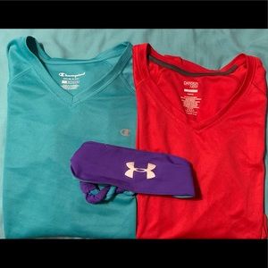 Two Dri-Fit Shirts Red Teal Junior Medium Headband